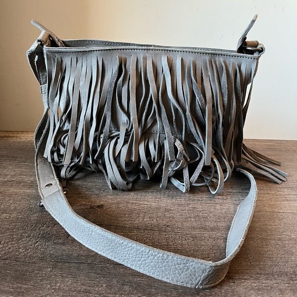 Cut n’ Paste Leather Gray Crossbody Bag with Fringe - Picture 15 of 15